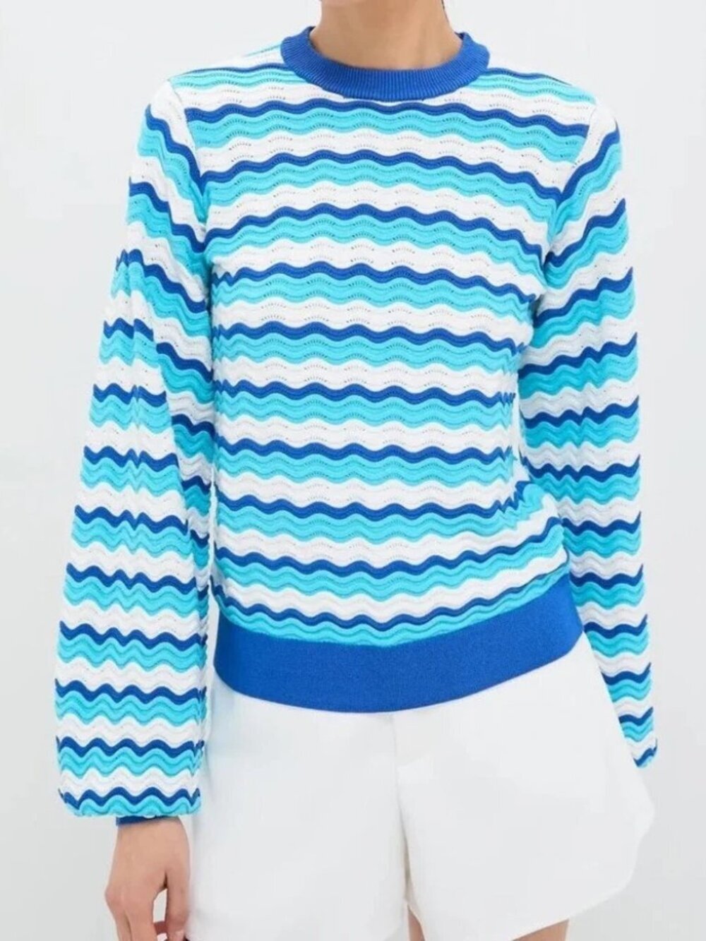 Hyacinth House Aqua Wavy Stripe Callie Sweater Crewneck Zigzag Knit Blue Size XL